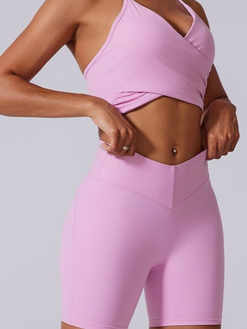 Light Pink V-Neck Sports Bra with Wrap Front